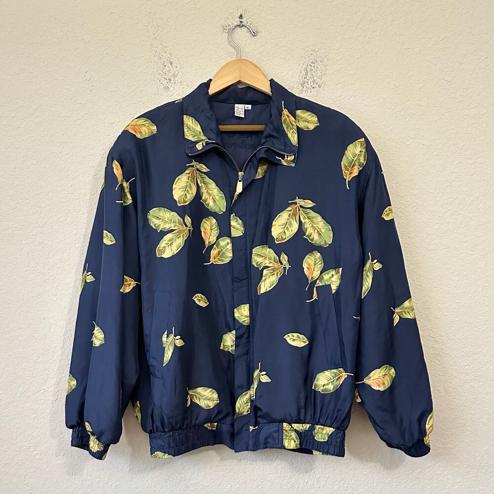 VTG FUDA INTERNATIONAL Jacket Navy Blue Leaf Print Silk Windbreaker